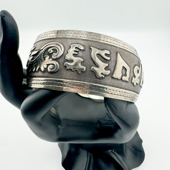 Vintage Handmade Tibetan Silver Cuff Bracelet with Lucky Charms Retro Chunky - Picture 1 of 7